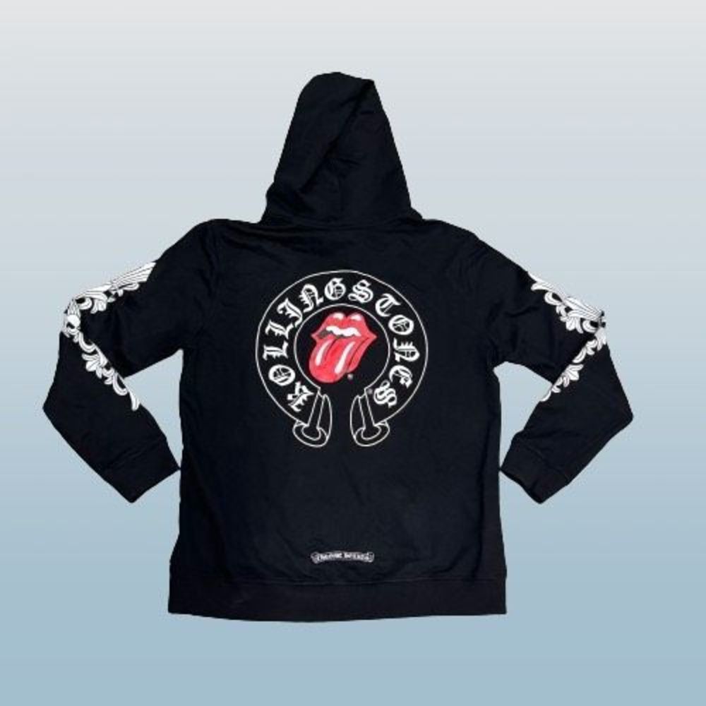 Chrome Hearts Black Hoodie with White Sleeve Graphics and Red Tongue Back Logo